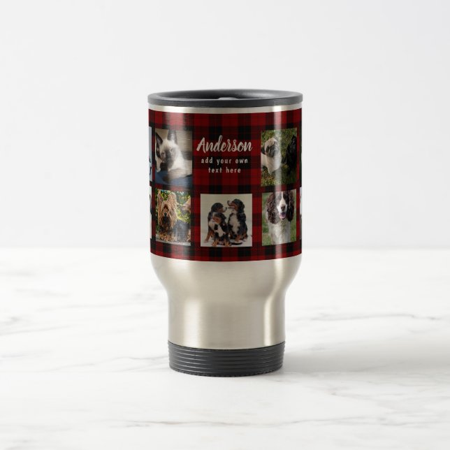 PET PHOTO Collage Gift Cat Dog Horse Red Tartan Travel Mug (Center)