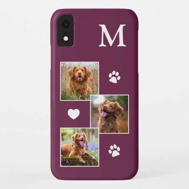 Pet Photo Collage Modern Monogram Magenta Dog Case-Mate iPhone Case (Back)