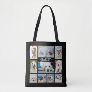 Pet Photo Collage Name Black Modern Stylish Dog Tote Bag