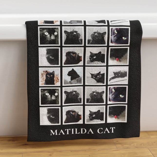 Pet Photo Collage Personalised Animal Lover Black Bath Towel (A bath towel with space for your black cat's photo. Just add your name)