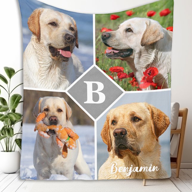 Pet Photo Collage Personalised Monogram Dog  Fleece Blanket (Creator Uploaded)