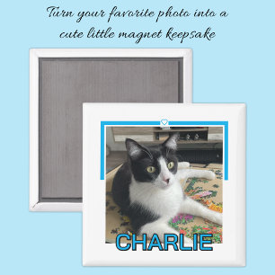 Pet photo custom name blue and white magnet