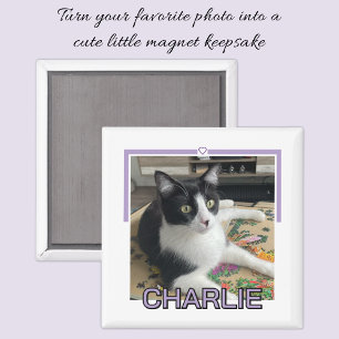 Pet photo custom name purple and white magnet