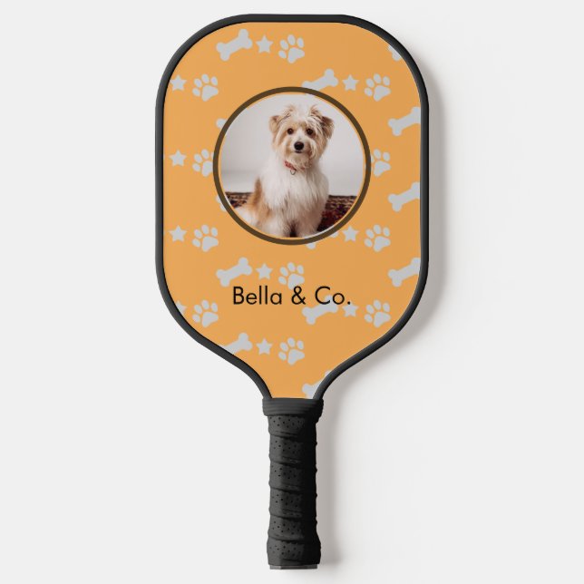 Pet Photo Dog Bone Paw Orange Pattern Personalised Pickleball Paddle (Front)
