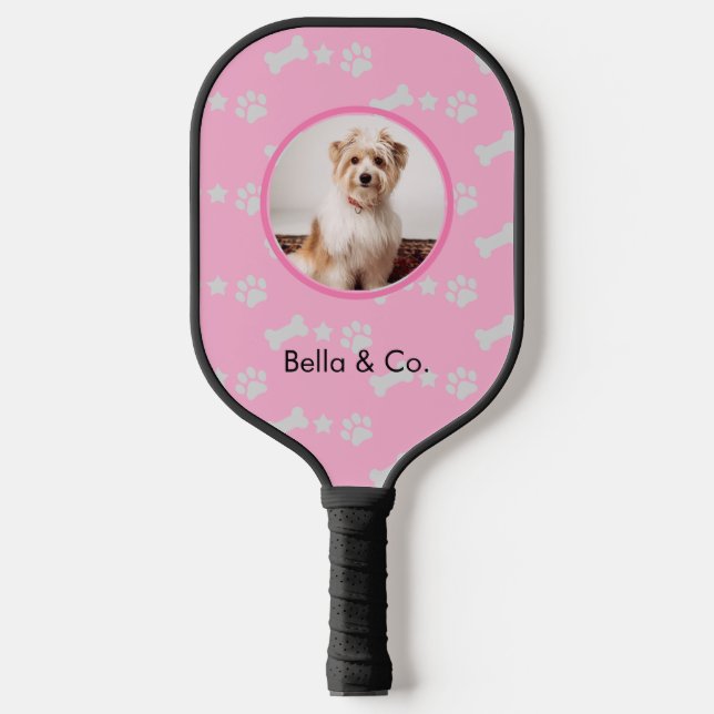 Pet Photo Dog Bone Paw Pink Pattern Personalised Pickleball Paddle (Front)