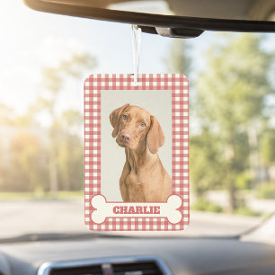 Pet Photo Dog Name in Bone on Red and White Plaid Car Air Freshener