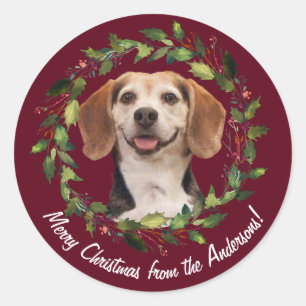 Pet Photo Family Name Merry Christmas Burgundy Classic Round Sticker
