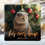 Pet Photo First Christmas Forever Home Copper Ceramic Ornament<br><div class="desc">Celebrate your pet's first Christmas in their new home with this beautiful modern keepsake ornament. The text reads "First Christmas in my fur-ever home, " with the words "fur-ever home" in elegant copper faux foil script. Replace the sample image with a photo of your cat or dog and add their...</div>