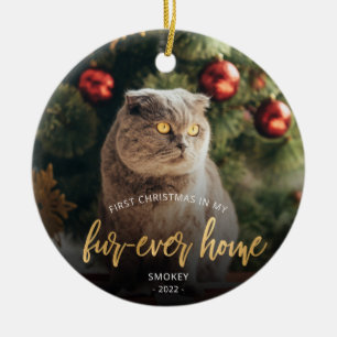 Pet Photo First Christmas Forever Home Gold Script Ceramic Tree Decoration