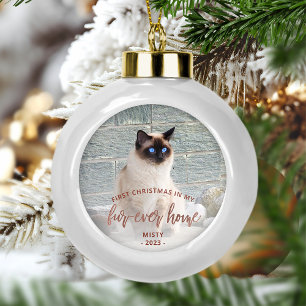 Pet Photo First Christmas Forever Home Rose Gold Ceramic Ball Christmas Ornament