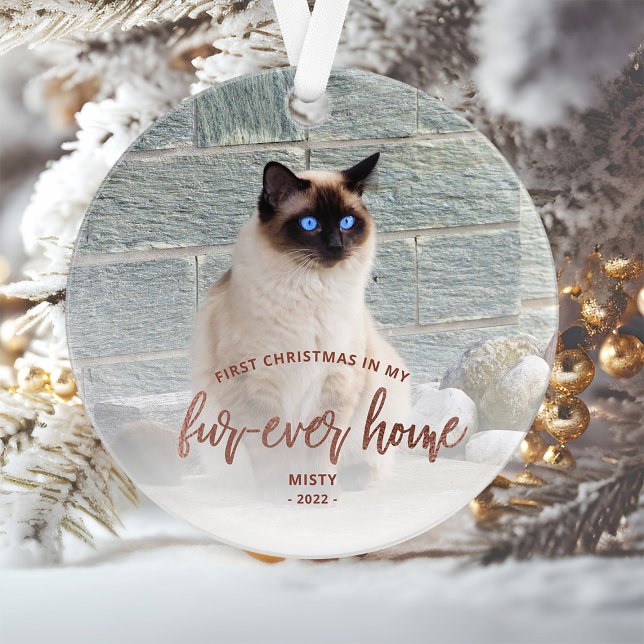 Pet Photo First Christmas Forever Home Rose Gold Ornament (Creator Uploaded)