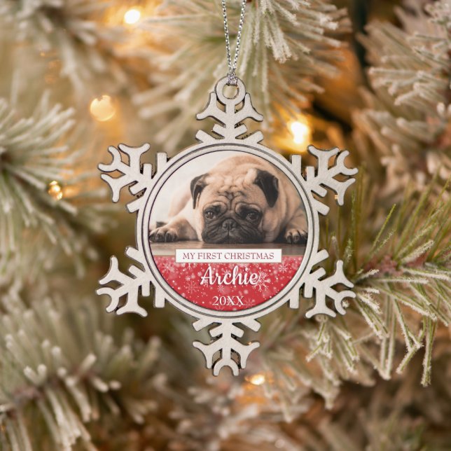 Pet Photo First Christmas Snowflake Pewter Christmas Ornament (Tree)