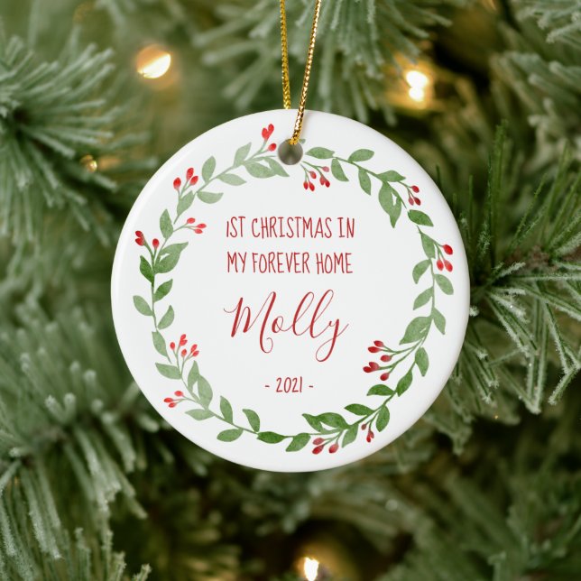 Pet Photo First Christmas Wreath Red Text Ceramic Tree Decoration (Tree)