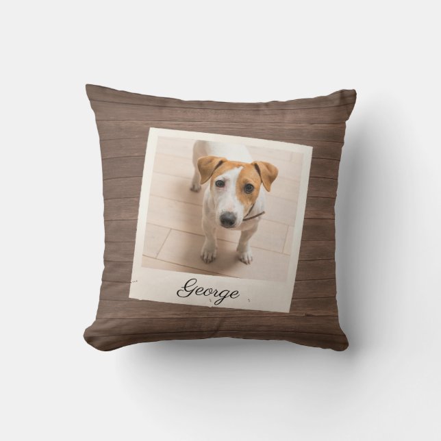 Pet Photo Frame Rustic Wood Personalised Cushion (Front)