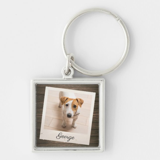 Pet Photo Frame Rustic Wood Personalised Key Ring (Front)