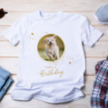 Pet Photo Gold Stars Dog Birthday Personalized T-Shirt<br><div class="desc">Puppy Pawty ! Add the finishing touch to your puppy or dogs birthday with this elegant gold custom pet photo and glitter stars party shirts. Add your pup's favorite photo and personalize with name, age birthday! See out Puppy Dog birthday collection for matching birthday invitations, party decor, favors, and gifts....</div>