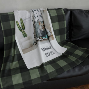 Pet Photo Green Black Buffalo Check Fleece Blanket
