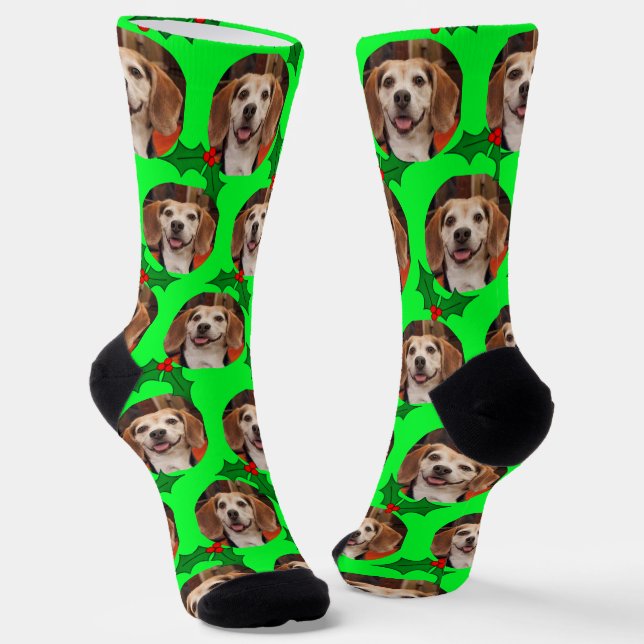 Pet Photo Green Holly Cute Christmas Socks (Angled)