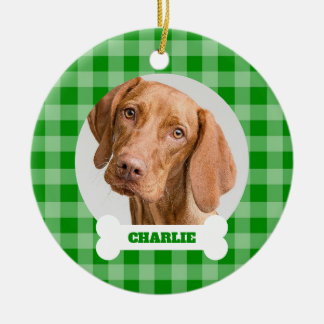Pet Photo Green Plaid and Custom Name on Dog Bone Ceramic Tree Decoration