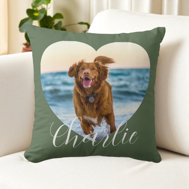 Pet Photo Green Script Cute Heart Personalised Dog Cushion (Pet Photo Green Script Cute Heart Personalized Dog Throw Pillow)