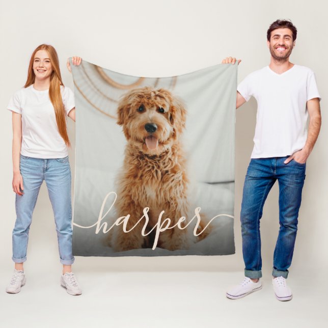 Pet Photo & Handwritten Script Name Fleece Blanket (In Situ)