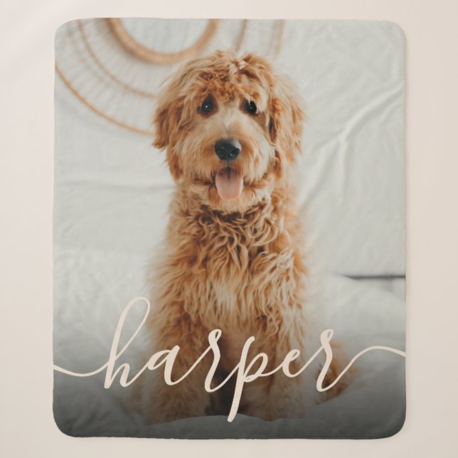 Pet Photo & Handwritten Script Name Sherpa Blanket (Front)