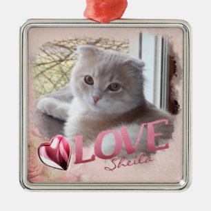 Pet Photo Keepsake, Love & Heart, Pink - Square Metal Tree Decoration