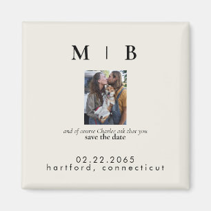 Pet Photo Monogram Cream Save the Date Wedding Magnet
