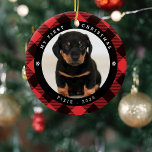 Pet Photo 'My First Christmas' Plaid Christmas Ceramic Tree Decoration<br><div class="desc">Celebrate your pets 1st Christmas with this cute dog/cat photo ornament. Design features a traditional red buffallo plaid background,  a photograph of your pet and the text 'MY FIRST CHRISTMAS',  their name and year.</div>