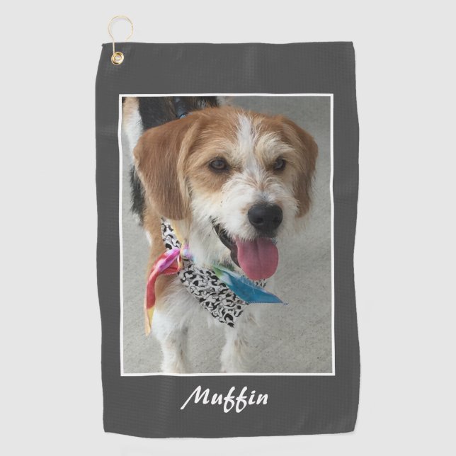 Pet Photo & Name, Customise, Dark Grey & White Golf Towel (Front)