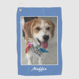 Pet Photo & Name, Customise, Light Blue & White Golf Towel