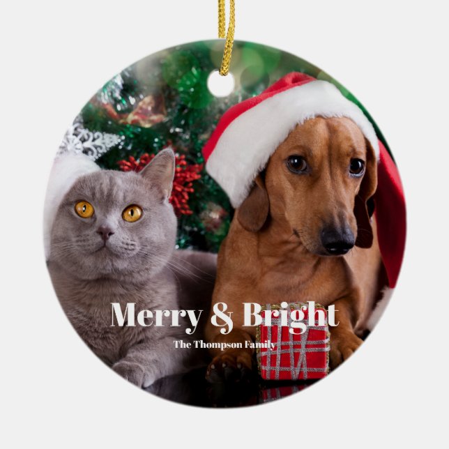 Pet Photo Name Merry and Bright  Ceramic Tree Decoration (Front)