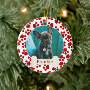 Pet Photo & Name Red Paw Prints Ceramic Tree Decoration