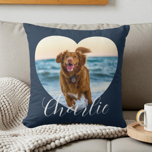 Pet Photo Navy Blue Script Heart Personalised Dog Cushion