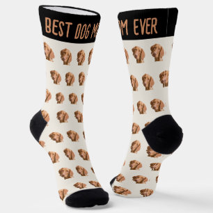 Pet Photo Pattern Ivory Brown Best Dog Mum Ever Socks