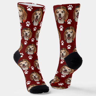 Pet Photo & Paw Prints Dog or Cat Maroon Custom Socks