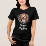 Pet Photo Red Santa Hat  Dark Best Fit Christmas  Tri-Blend Shirt<br><div class="desc">This funny pet photo dark colour best fitting Christmas t-shirt features a red Santa's hat placed on your pet's head (which can be adjusted by clicking into "Edit further", ) , and the words "Merry Christmas" surrounded by a white snowflake Christmas wreath. This is the perfect shirt to show off...</div>