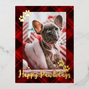 Pet Photo Rustic Red Plaid Happy Pawlidays Gold Foil Holiday Postcard
