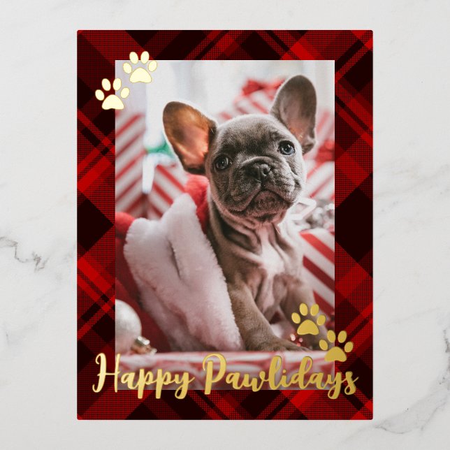 Pet Photo Rustic Red Plaid Happy Pawlidays Gold Foil Holiday Postcard (Front)