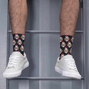 Pet Photo & Santa Hats on Head Black Christmas Socks