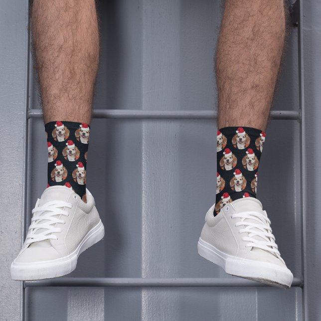 Pet Photo & Santa Hats on Head Black Christmas Socks (Creator Uploaded)