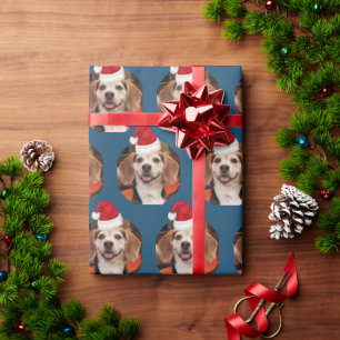 Pet Photo Santa Hats on Head Christmas Blue Wrapping Paper