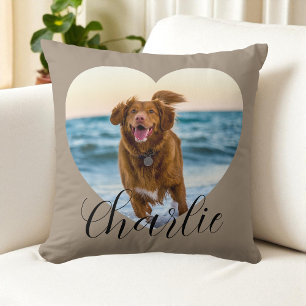 Pet Photo Script Taupe Cute Heart Personalised Dog Cushion