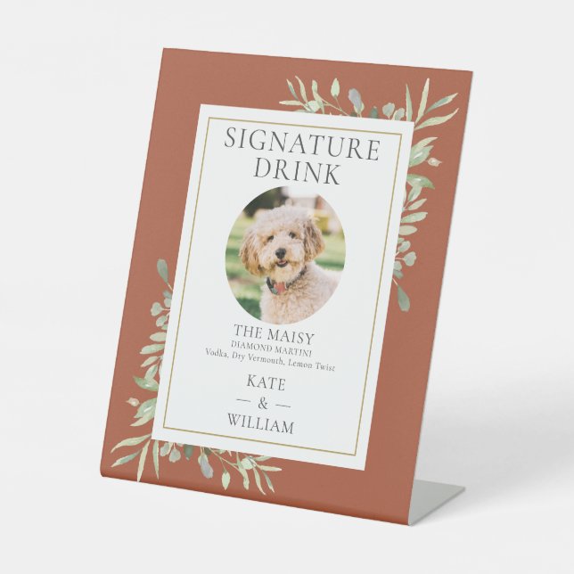 Pet Photo Signature Drink Greenery Terracotta Pedestal Sign (Front)