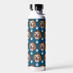 Pet Photo Teal Cat Dog Paw Prints Pattern Water Bottle