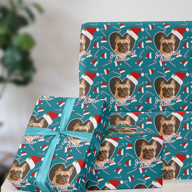 Pet Photo Teal Heart Christmas Wrapping Paper (A fun and festive wrapping paper with your pup's picture. Happy Howlidays!)