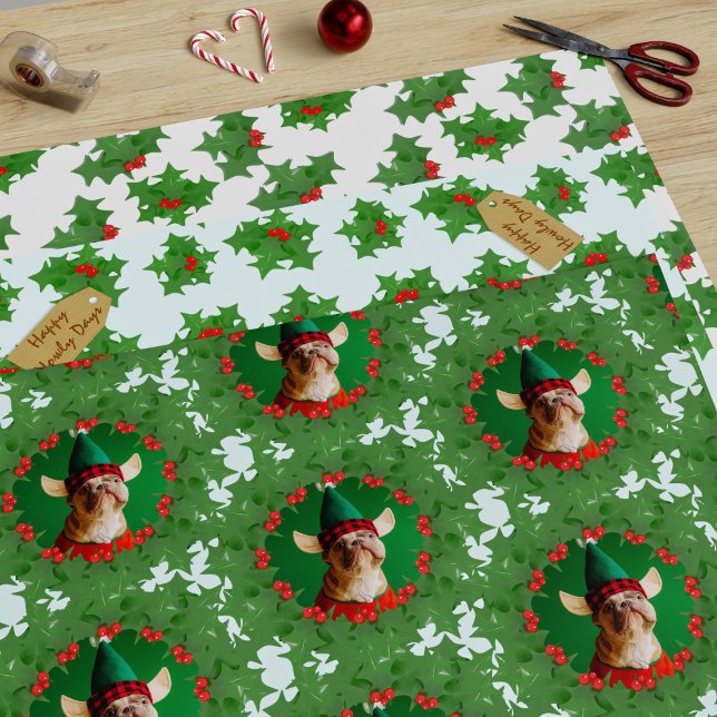 Pet Photo Trio of Holly Wreath Christmas Holiday Wrapping Paper Sheet (Just upload your pup's pic and wish them a very Happy Howly Days from me!)