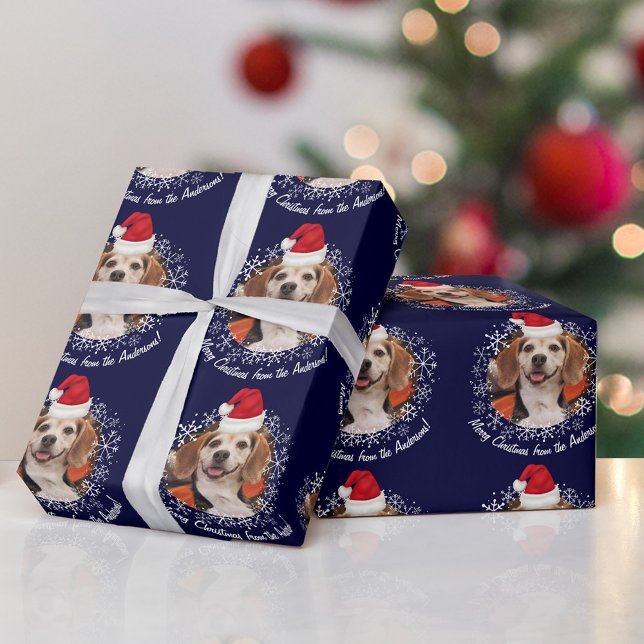 Pet Photo w Santa Hat Snowflakes Navy Christmas Wrapping Paper (Creator Uploaded)