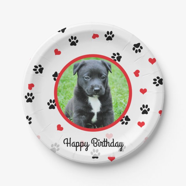 pet photo with cute sweet paw and heart pattern paper plate (Front)