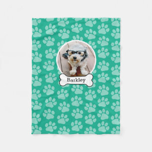 Pet Photo with Dog Bone and Paw Prints Green Fleece Blanket